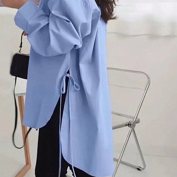 Blue Casual Women's Solid Color Drop Shoulder Long Sleeve Shirt - Picture 3 of 5